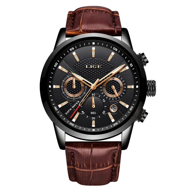 LIGE Watches Men 2024 Top Brand Luxury Casual Leather Quartz Men Watch Man Business Clock Male Sport Waterproof Date Chronograph