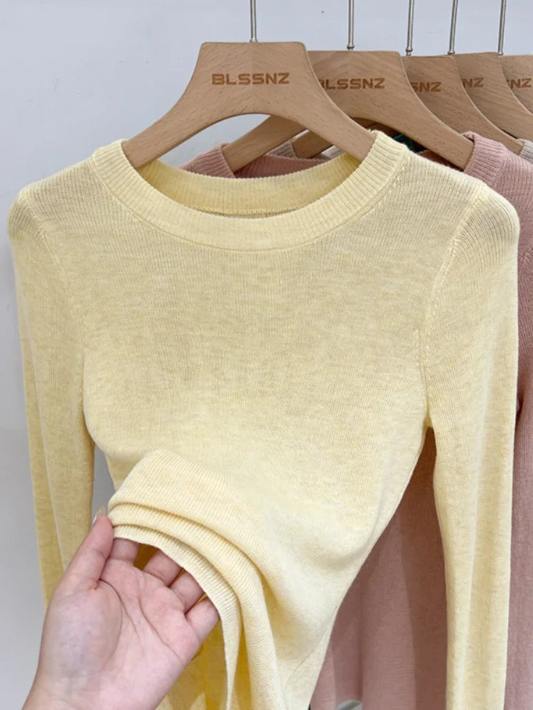 Lady Basic O-Neck Slim T-Shirt Women Solid Multi Color All-Match Trend Casual Top Screw Knit Long Sleeve Elastic Spring Office