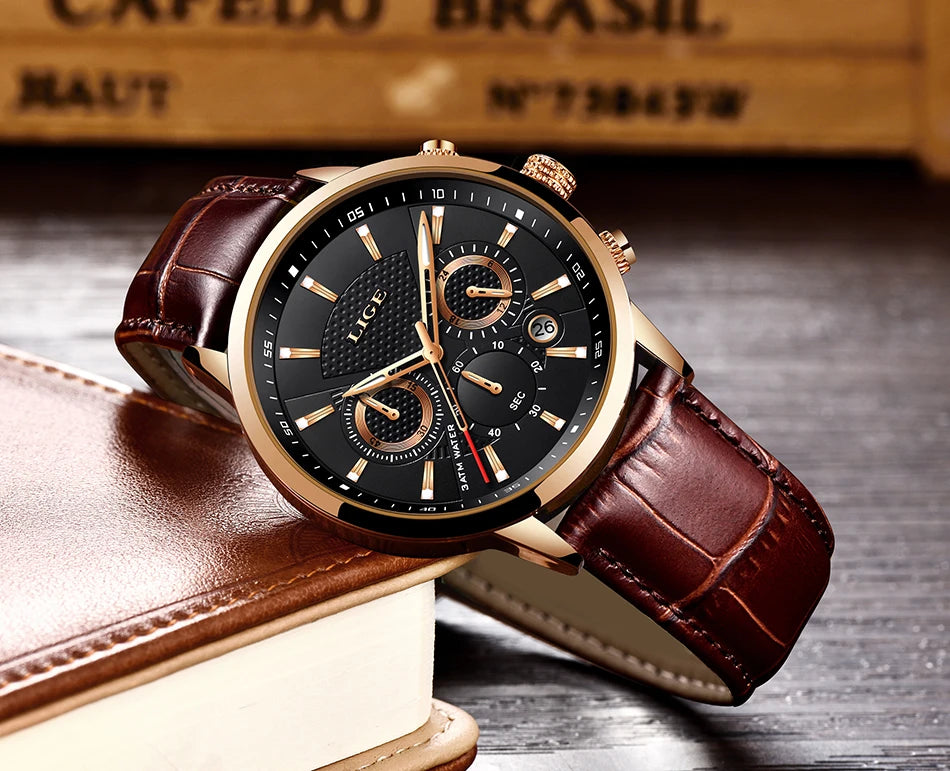 LIGE Watches Men 2024 Top Brand Luxury Casual Leather Quartz Men Watch Man Business Clock Male Sport Waterproof Date Chronograph