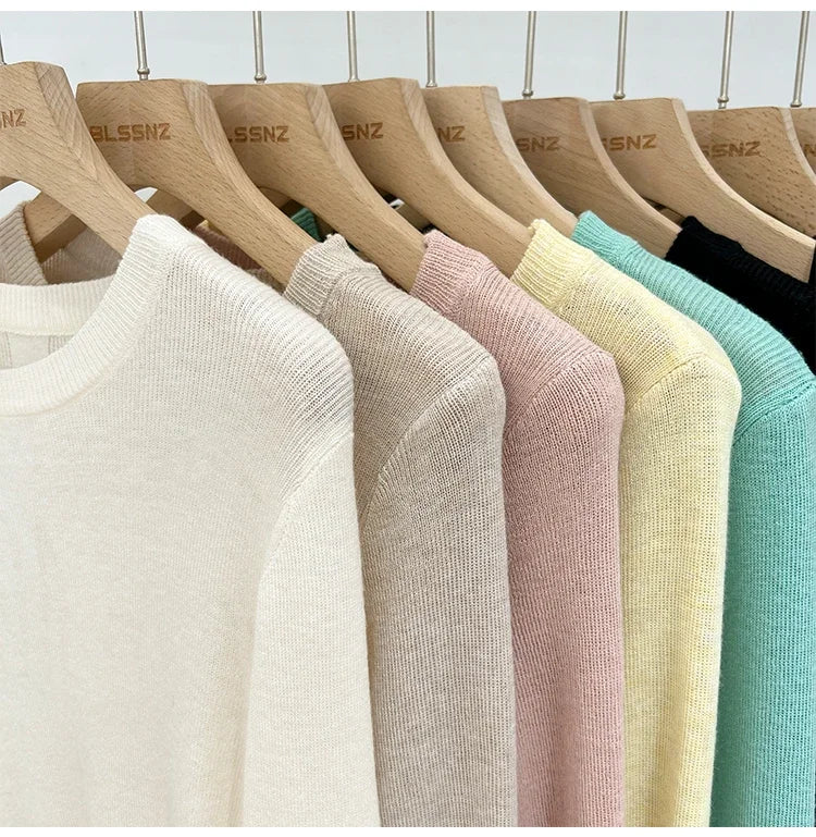 Lady Basic O-Neck Slim T-Shirt Women Solid Multi Color All-Match Trend Casual Top Screw Knit Long Sleeve Elastic Spring Office