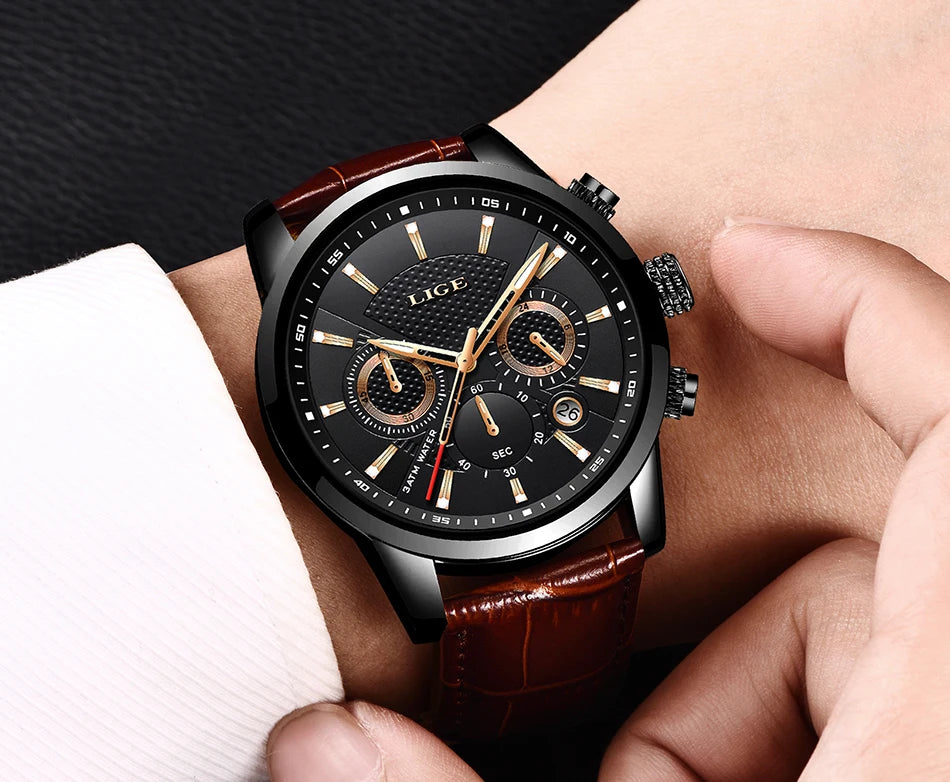 LIGE Watches Men 2024 Top Brand Luxury Casual Leather Quartz Men Watch Man Business Clock Male Sport Waterproof Date Chronograph