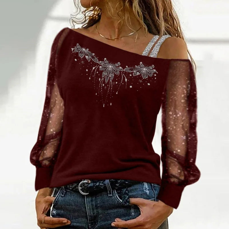 Women Fashion Casual Diagonal Collar Long Sleeve Tops Ladies Sexy Off Shoulder Loose T-shirts Net Yarn Pullover Blouses