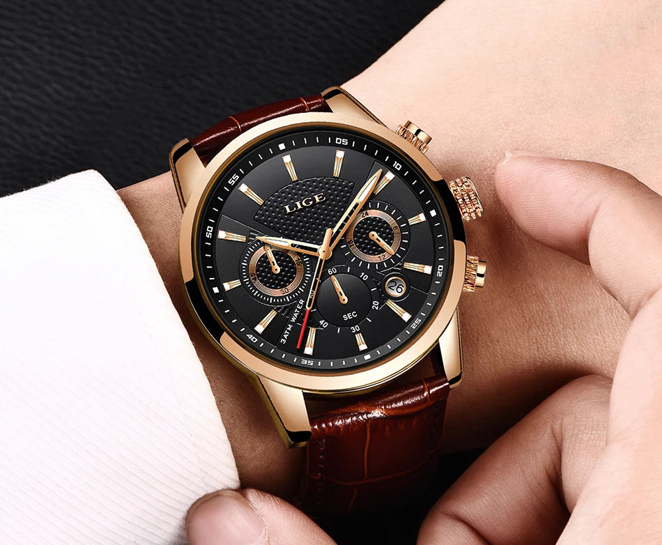 LIGE Watches Men 2024 Top Brand Luxury Casual Leather Quartz Men Watch Man Business Clock Male Sport Waterproof Date Chronograph