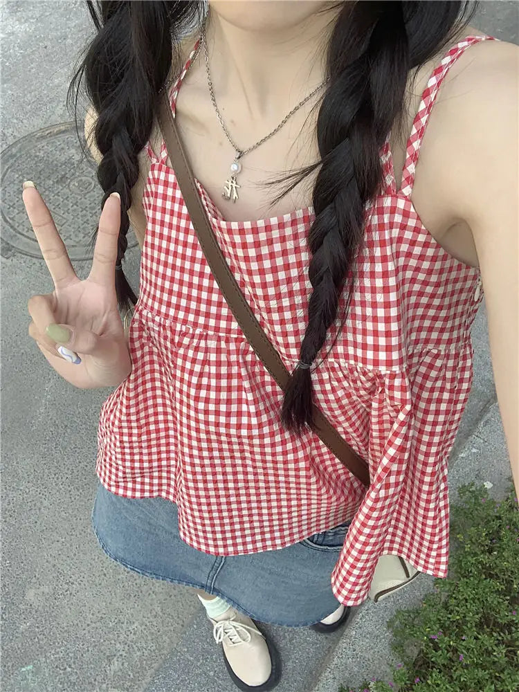 Red Plaid Camisole Women Backless Hotsweet Bandage All-match Loose College Personality Chic Summer Korean Style Fashion Ulzzang