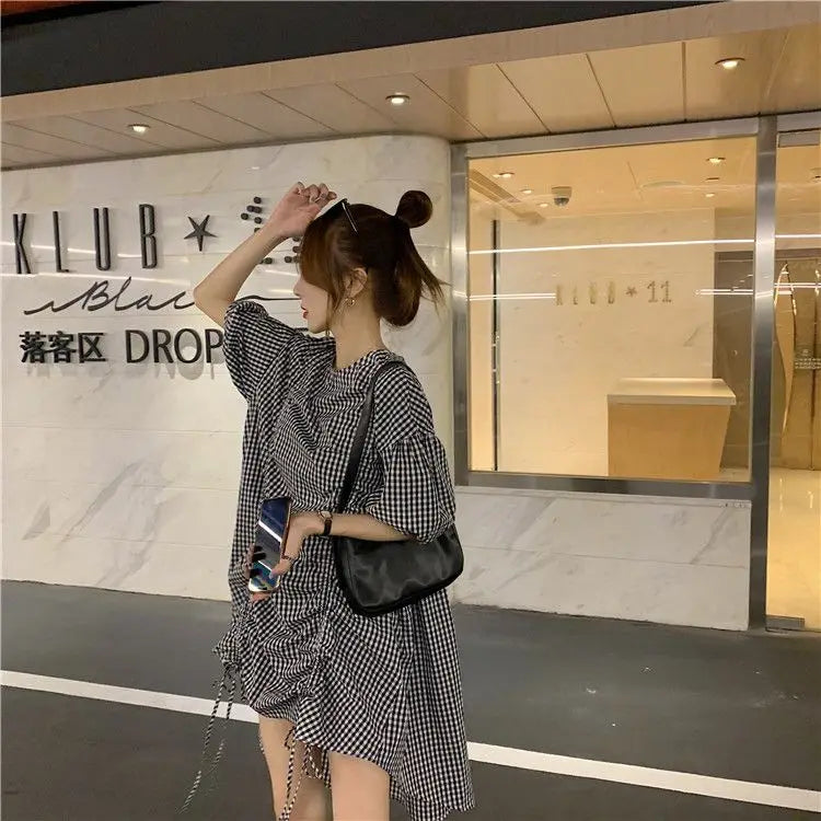 Korean Plaid Printed Loose Midi Dress Summer Short Sleeve Stylish Shirring Drawstring Female Irregular Casual O-Neck Dresses New