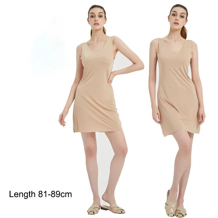 M-5XL Plus Size Full Slips Dresses For Women Summer Thin Seamless Ice Silk Petticoat Underskirt Sleeveless Underwear Dress Slips