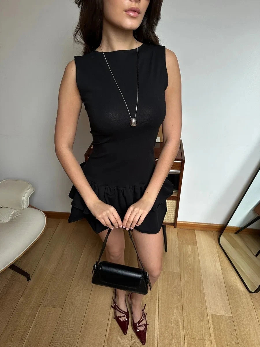 Women Mini Dress Women Elegant Sexy Solid Sleeveless Round Neck Nipped Waist Backless Evening Party Bubble Black Short Dresses