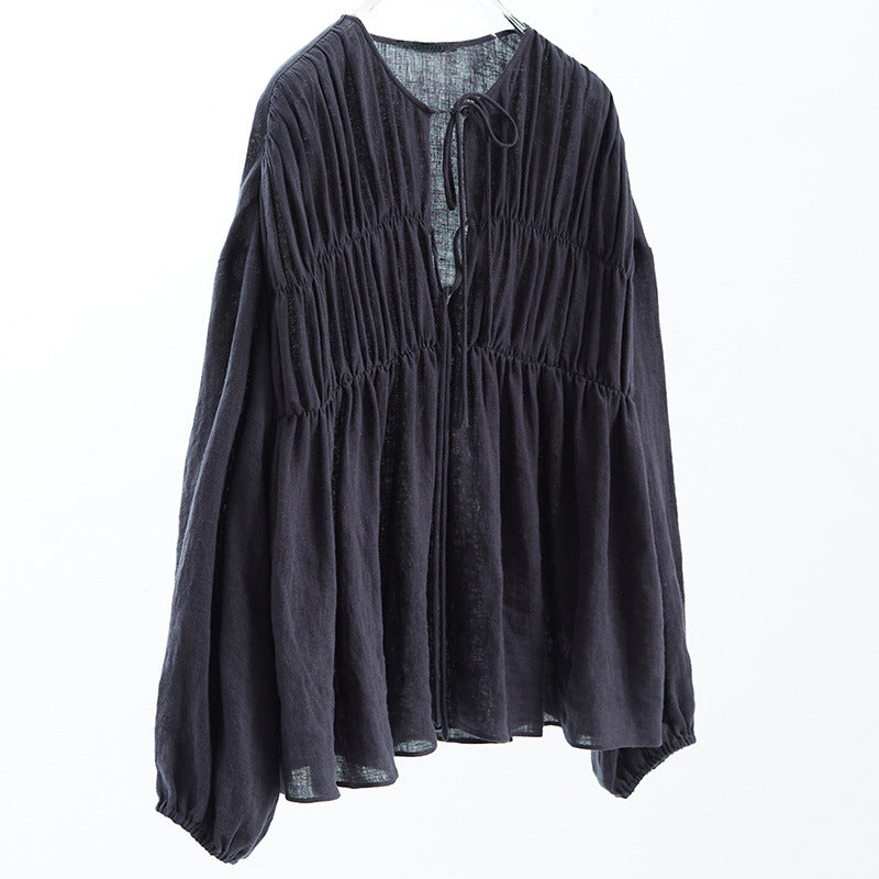 Komiyama O Neck Lace Up Shirts Blouses Vintage Elegant Pleated Blusas Mujer Spring Clothes Women Japan Fashion Shirt Tops