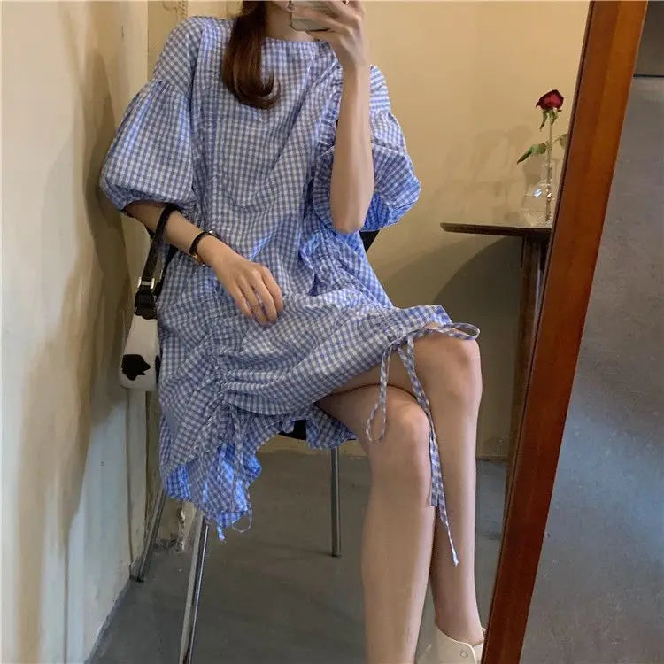 Korean Plaid Printed Loose Midi Dress Summer Short Sleeve Stylish Shirring Drawstring Female Irregular Casual O-Neck Dresses New