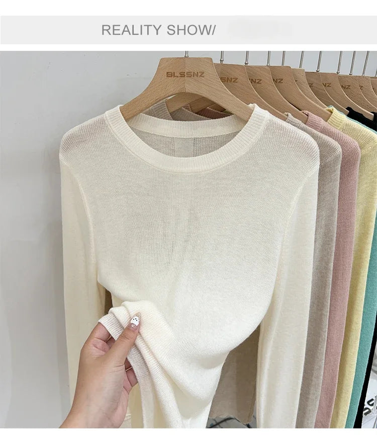 Lady Basic O-Neck Slim T-Shirt Women Solid Multi Color All-Match Trend Casual Top Screw Knit Long Sleeve Elastic Spring Office