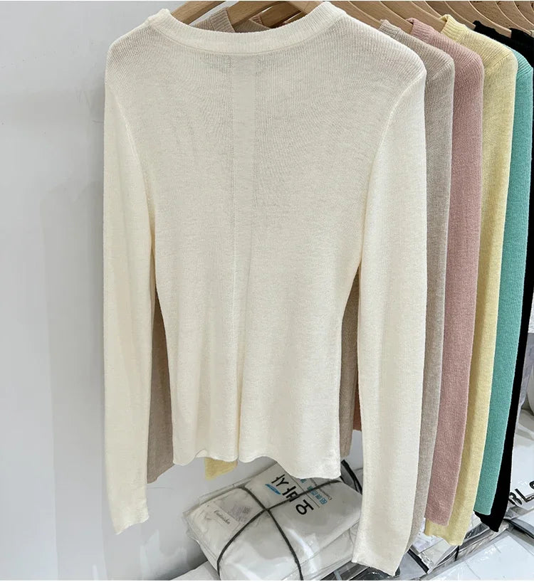 Lady Basic O-Neck Slim T-Shirt Women Solid Multi Color All-Match Trend Casual Top Screw Knit Long Sleeve Elastic Spring Office