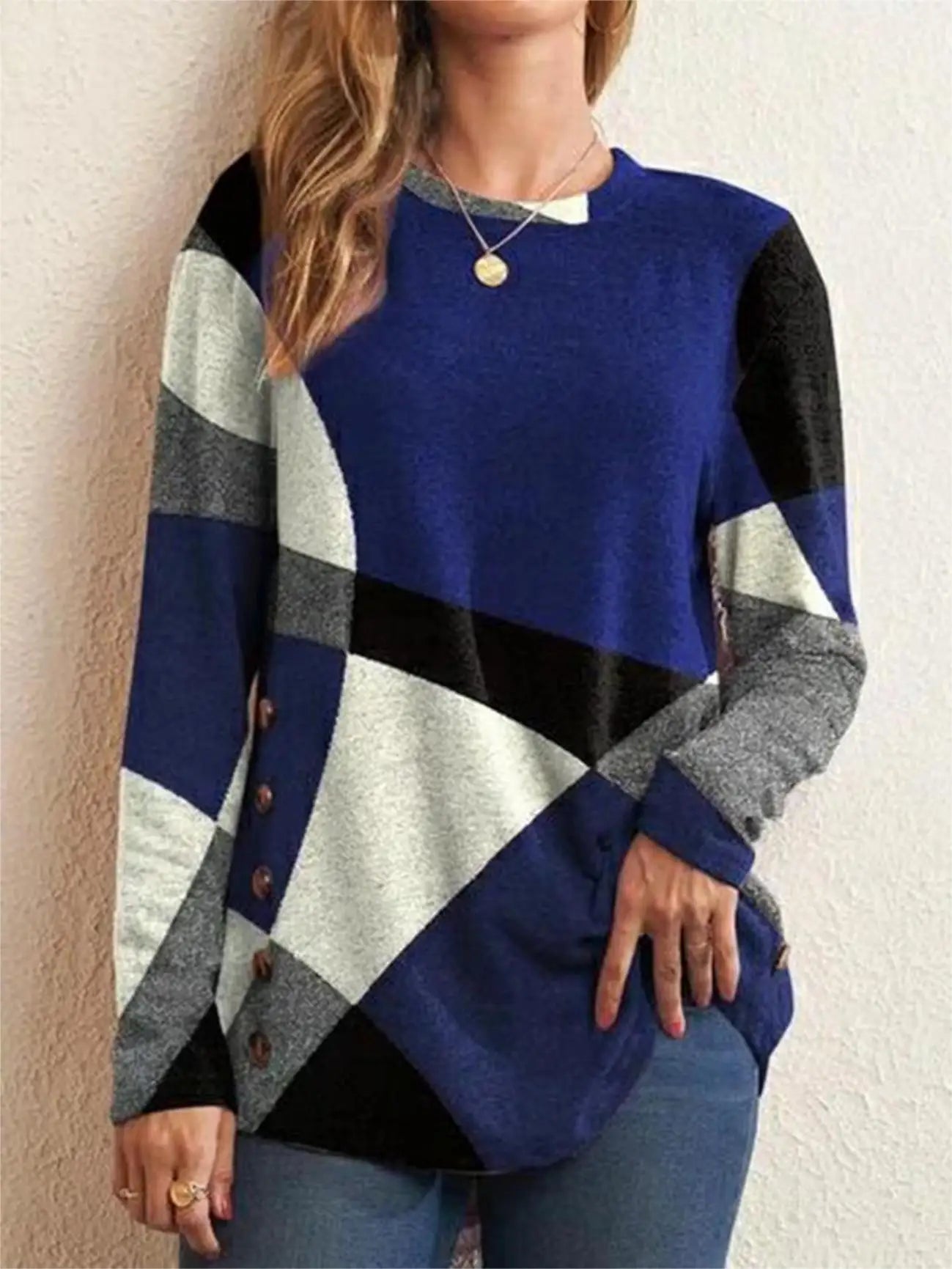 European and American Women Casual Color Block Long Sleeve Buttons Top Dressy Casual Geometric Tunic Tops Crewneck T Shirts
