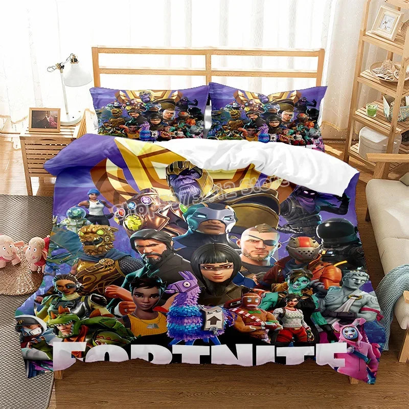 Fortnites Bedding Set Quilt Cover Fortress Night Pillowcase Cartoon Anime Bed Bedroom Duvet Cover Beddings Suit Kids Boys Gift