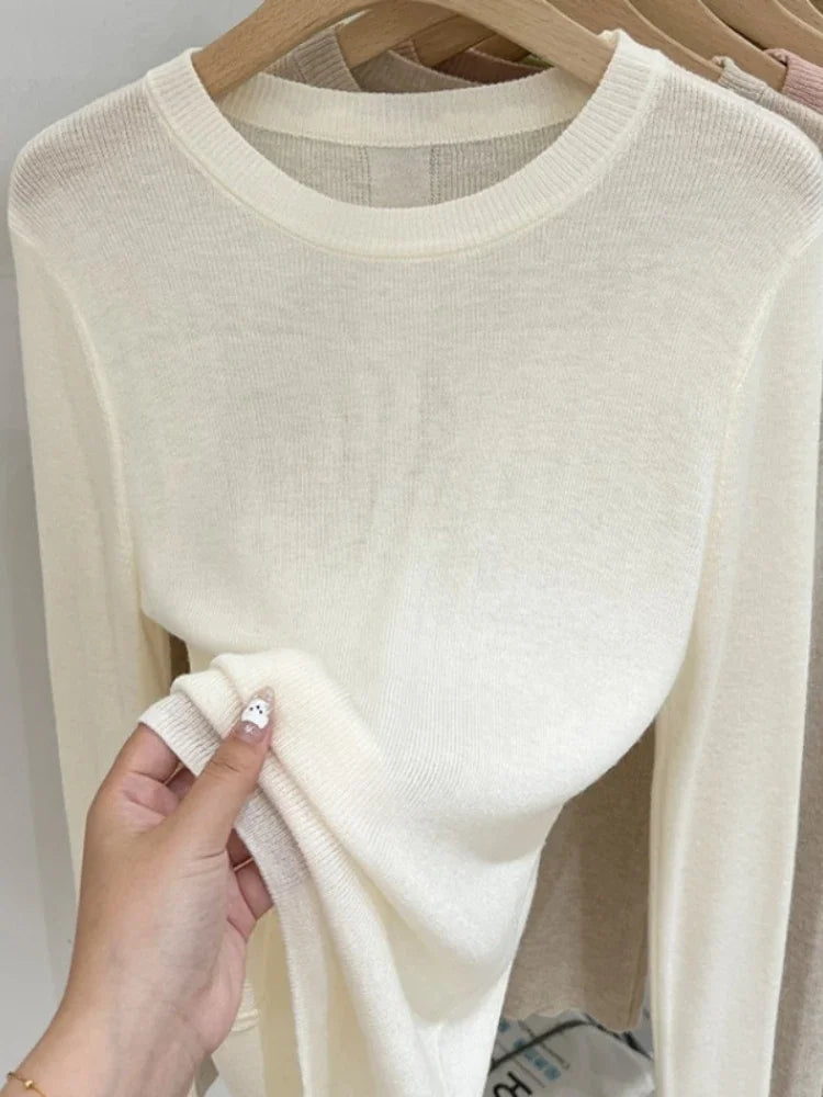 Lady Basic O-Neck Slim T-Shirt Women Solid Multi Color All-Match Trend Casual Top Screw Knit Long Sleeve Elastic Spring Office