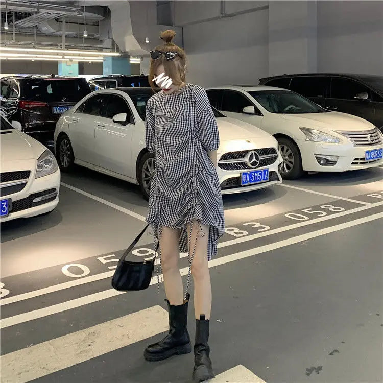 Korean Plaid Printed Loose Midi Dress Summer Short Sleeve Stylish Shirring Drawstring Female Irregular Casual O-Neck Dresses New