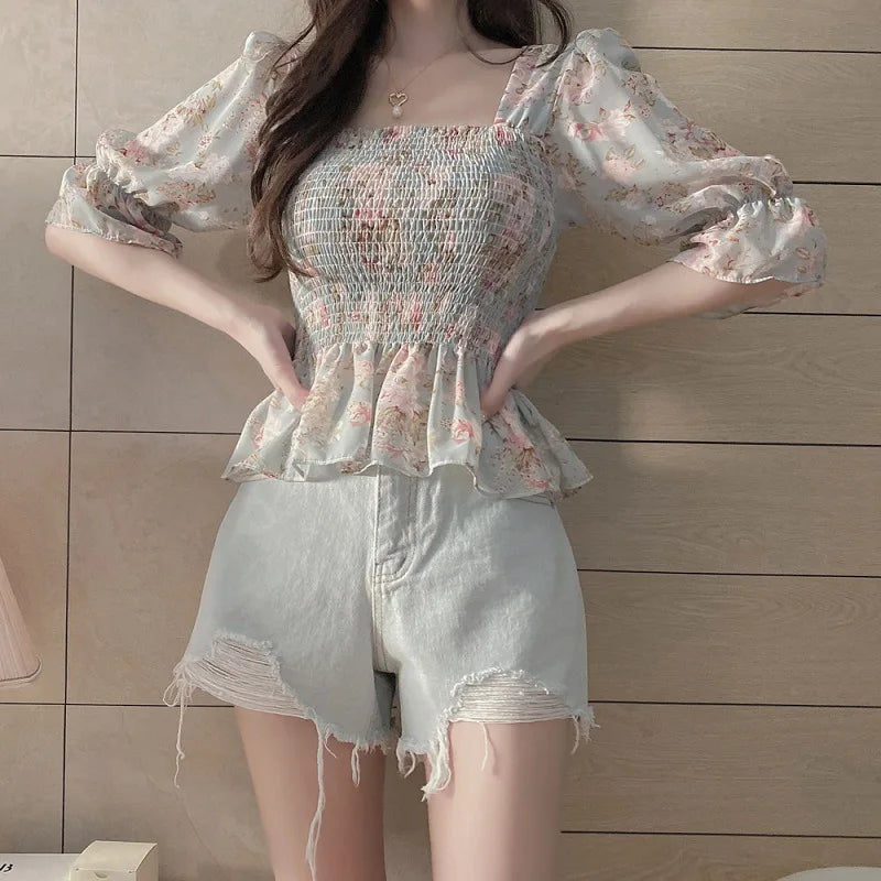 Blouses Women Slim Floral Print Lantern Sleeve Elegant Female Temperament Schoolgirls Summer All-match Leisure Holiday Clothes