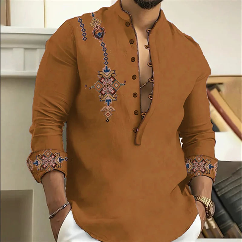 15-color men's shirt tribe pattern printing retro geometry leads outdoor street long-sleeved shirt super large size XS-6XL
