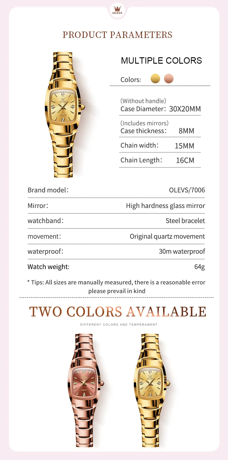 OLEVS 7006 Ladies Watch Luxury Original Quartz Wristwatch Tungsten Steel Waterproof Luminous Watches for Women Bracelet Set