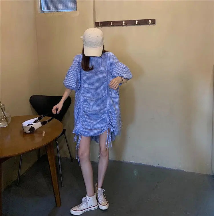 Korean Plaid Printed Loose Midi Dress Summer Short Sleeve Stylish Shirring Drawstring Female Irregular Casual O-Neck Dresses New