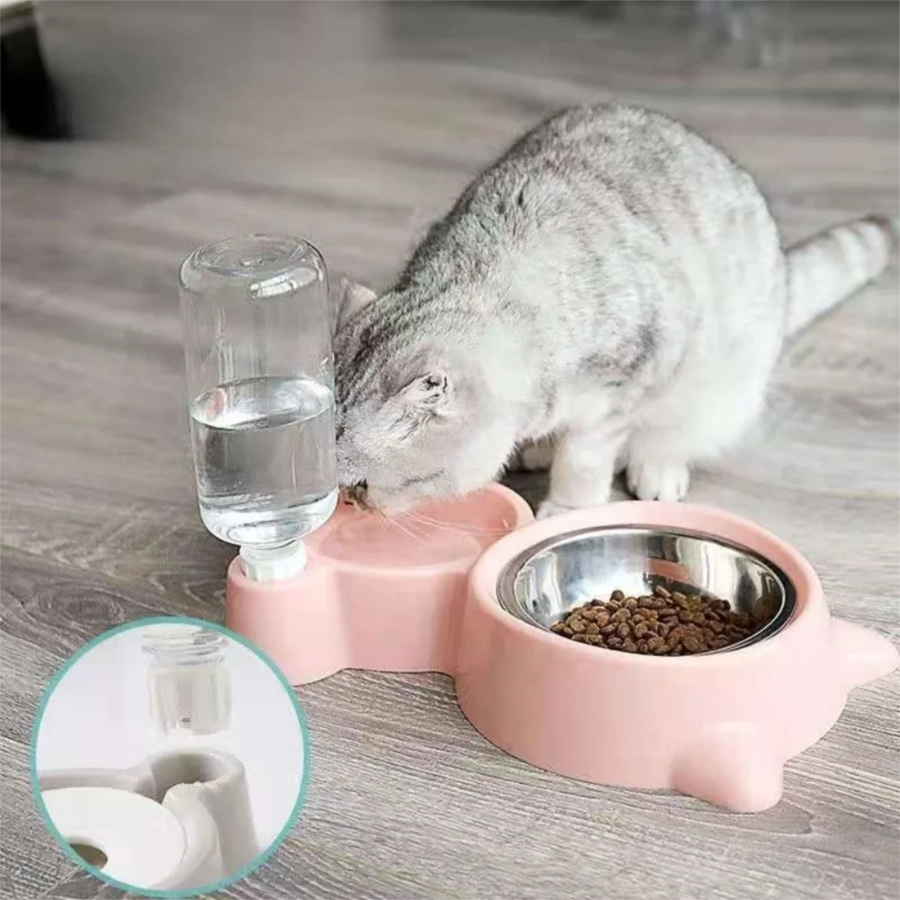 Portable 2 in 1 Pet Bowl Transparent Water Bottle Pet Feeding Automatic Feeding Bowl Pet Food Storage Dispenser Cat