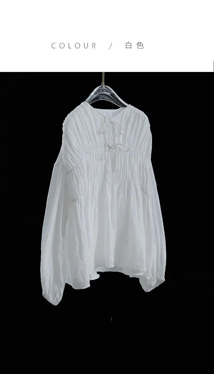 Komiyama O Neck Lace Up Shirts Blouses Vintage Elegant Pleated Blusas Mujer Spring Clothes Women Japan Fashion Shirt Tops