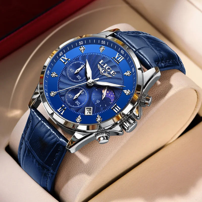 New Mens Watches LIGE Top Brand Luxury Leather Casual Quartz Watch Men's Sport Waterproof Clock Watch Relogios Masculino+Box