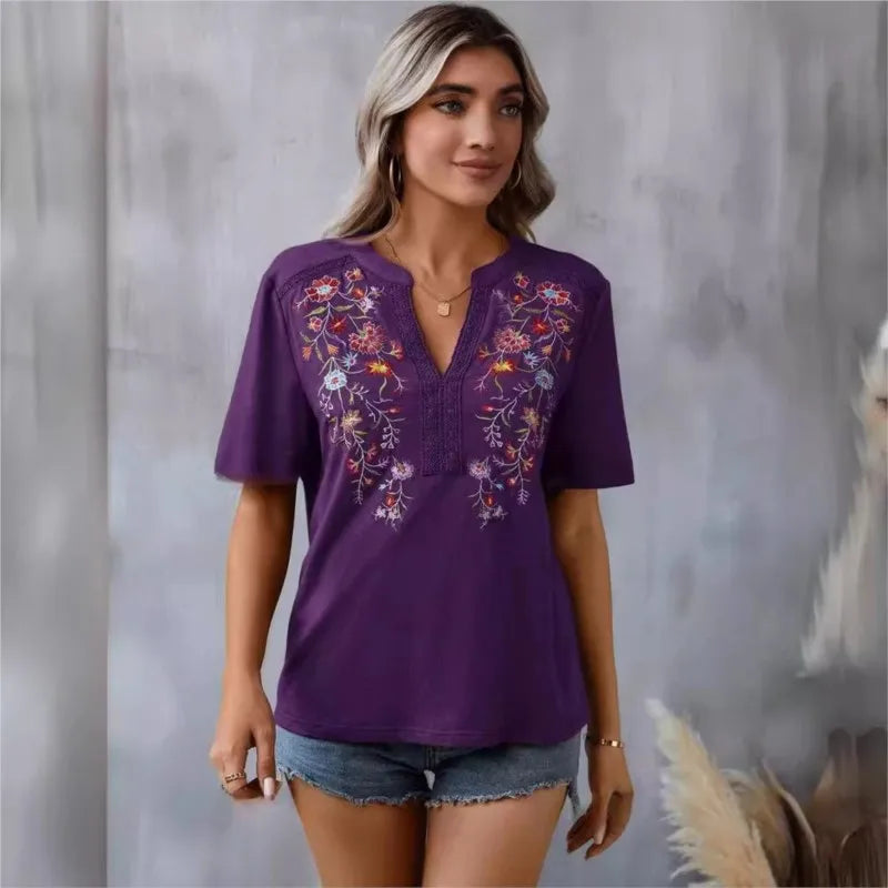 Ladies' Retro Casual Chic Embroidered Women's Shirt With Lace And Lace Stitching, V-neck Loose And Comfortable Top, Women's T