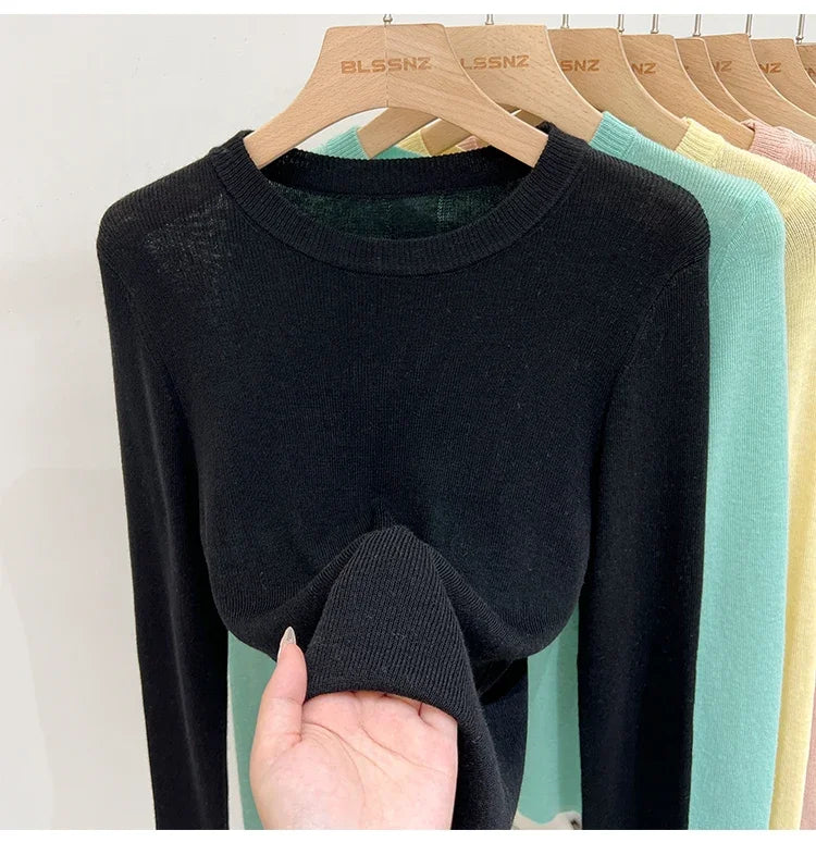 Lady Basic O-Neck Slim T-Shirt Women Solid Multi Color All-Match Trend Casual Top Screw Knit Long Sleeve Elastic Spring Office