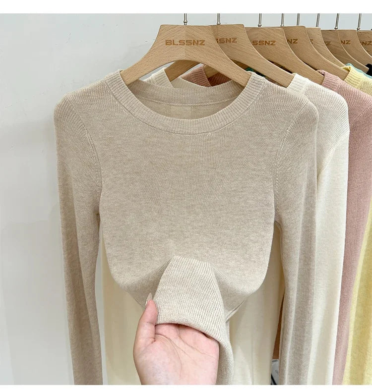 Lady Basic O-Neck Slim T-Shirt Women Solid Multi Color All-Match Trend Casual Top Screw Knit Long Sleeve Elastic Spring Office