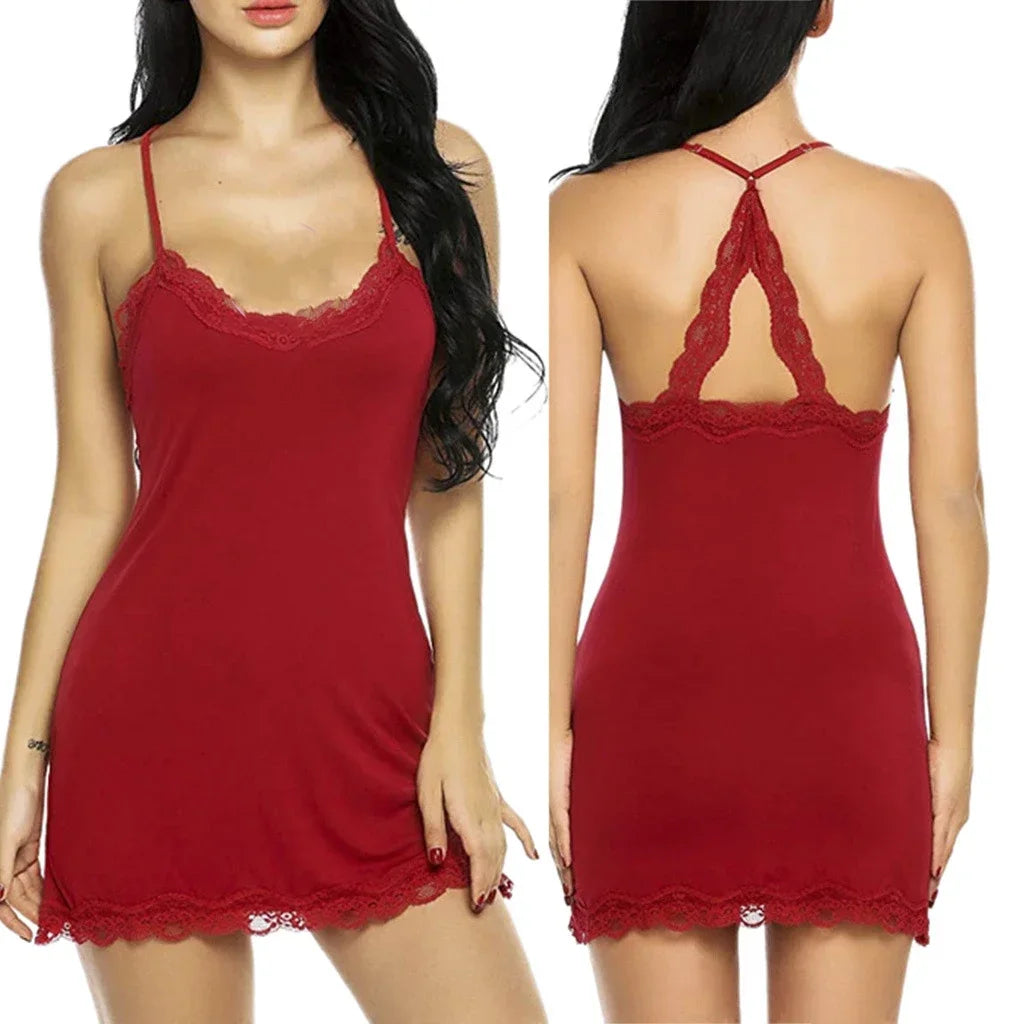 Summer Women's Fashionable Silk Satin Patchwork Lace Suspender with Back Lace Decoration Dress for Home Pajamas