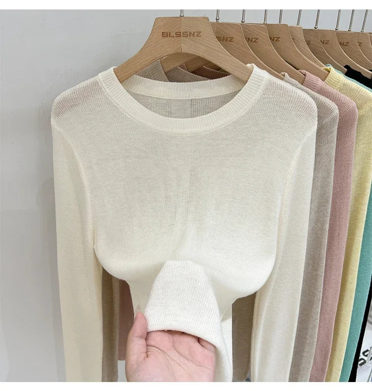 Lady Basic O-Neck Slim T-Shirt Women Solid Multi Color All-Match Trend Casual Top Screw Knit Long Sleeve Elastic Spring Office