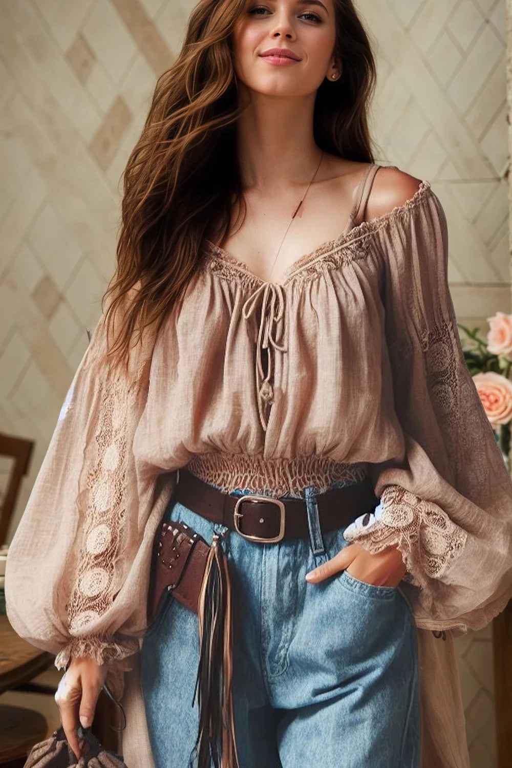 Women's Boho Shirt Off Shoulder Lace Up Lantern Sleeve Vintage Sexy Sweet Cropped Blouse Top Hollow Out Casual Lace Blouse Tops