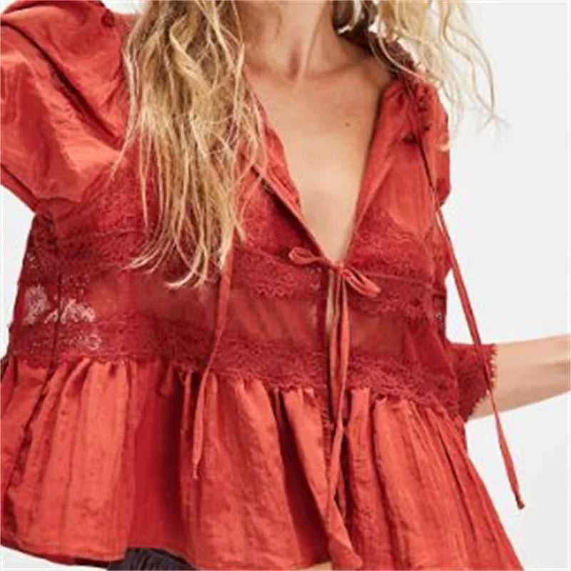 Women Ruffle Bow Tie Peplum Tops Boho Sheer Flowy Short Sleeve Blouse Lace Eyelet Frilly Babydoll Tees Shirt Streetwear