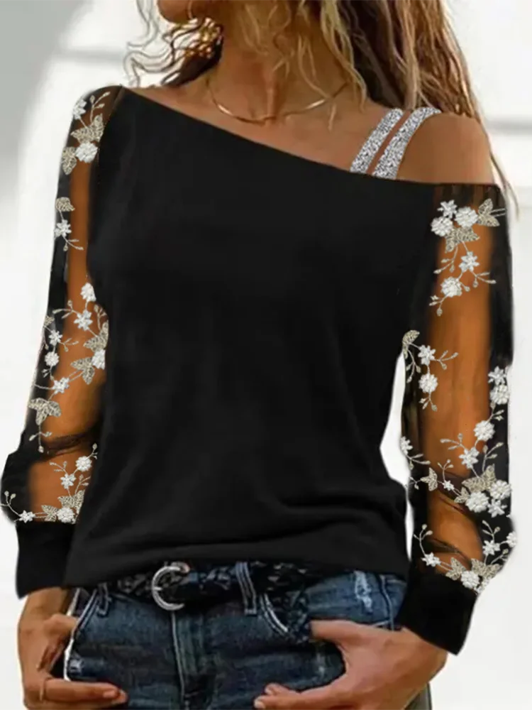Women Fashion Casual Diagonal Collar Long Sleeve Tops Ladies Sexy Off Shoulder Loose T-shirts Net Yarn Pullover Blouses