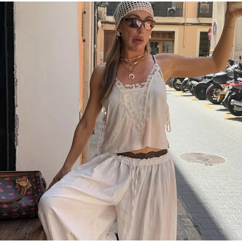 2025 Fashion Ruff Long Pants Women Casual Pleated Lace Lace Up Patchwork Straught Pants Lady Summer Chic Holiday Streetwear