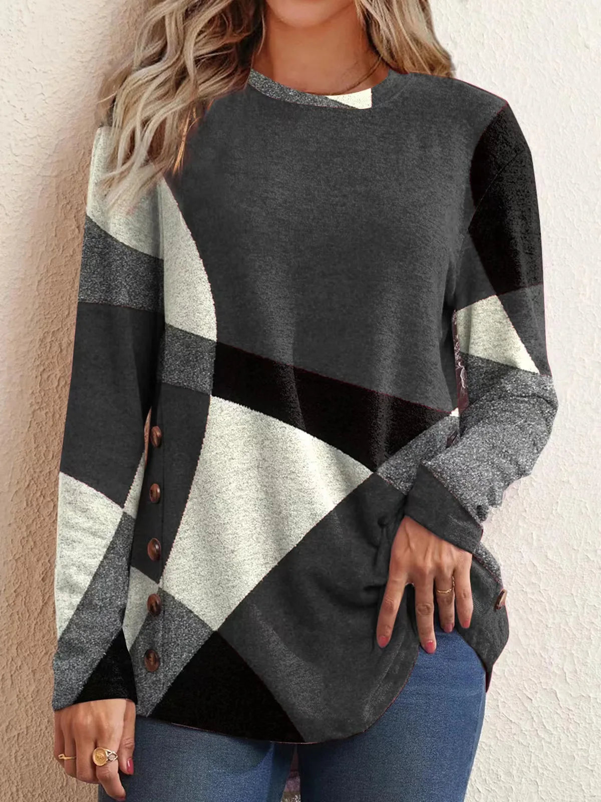 European and American Women Casual Color Block Long Sleeve Buttons Top Dressy Casual Geometric Tunic Tops Crewneck T Shirts
