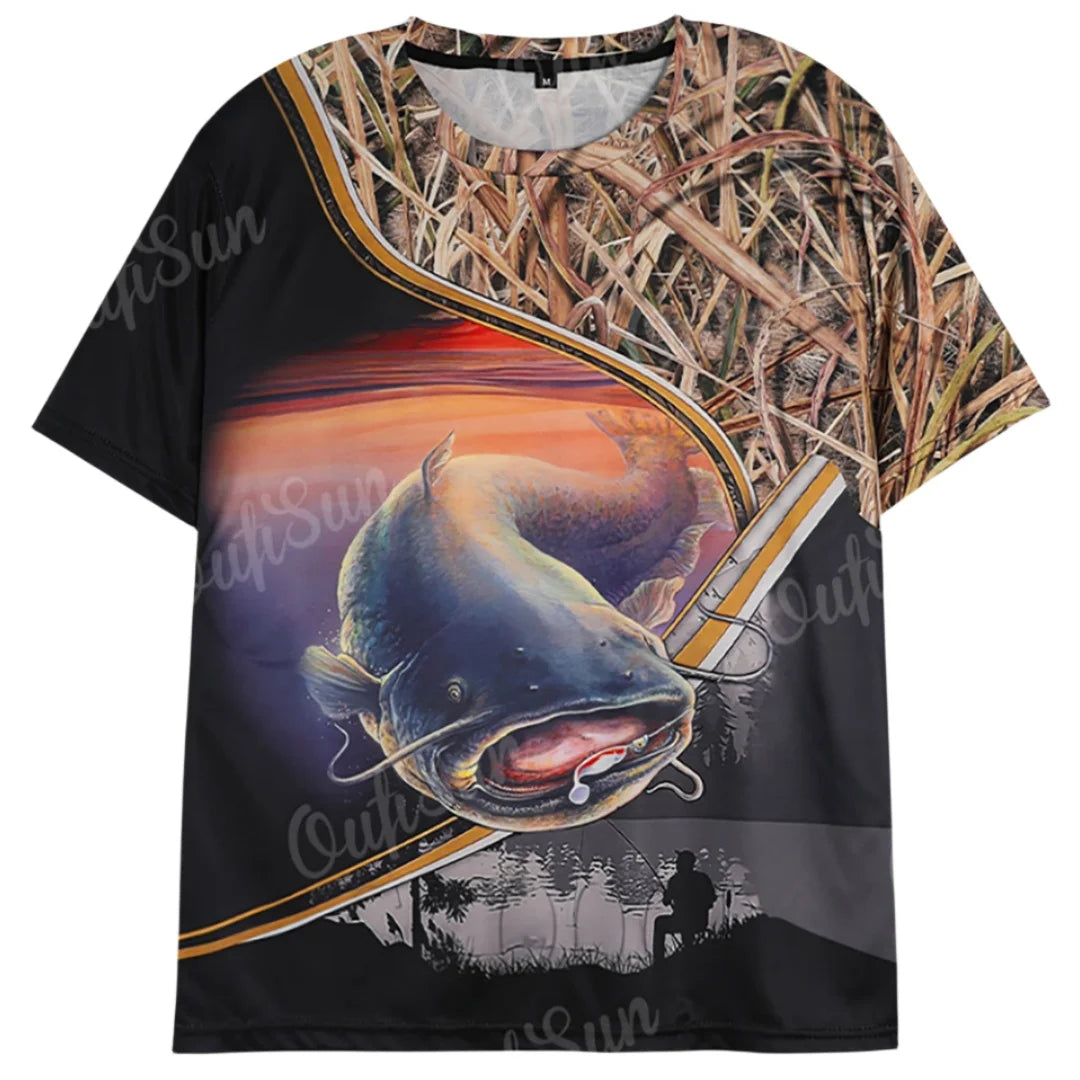 Summer Carp Fishing Print T-shirts For Men Outdoor Catfish Printing Loose Short Sleeve Quick Drying Tee Shirt Casual Street Top