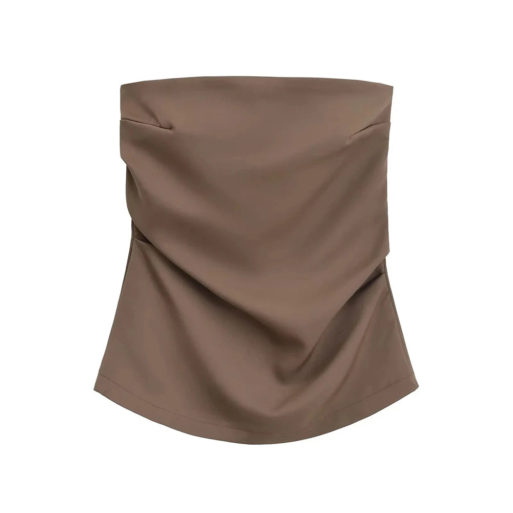 TRZA-Strapless Draped Bustier Tops for Women, Straight Neck, Back Zipper, Female Camis, Fashion