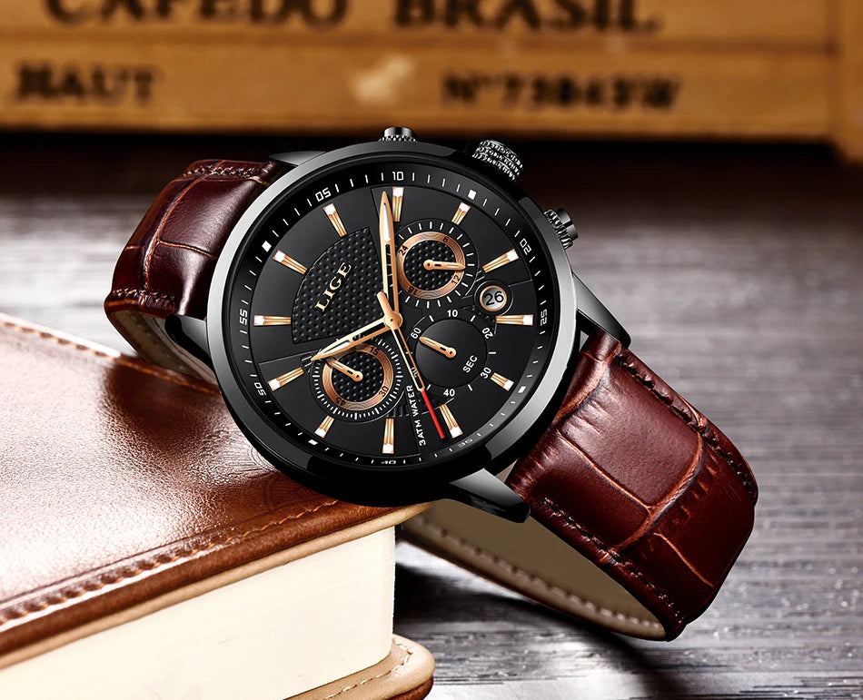 LIGE Watches Men 2024 Top Brand Luxury Casual Leather Quartz Men Watch Man Business Clock Male Sport Waterproof Date Chronograph