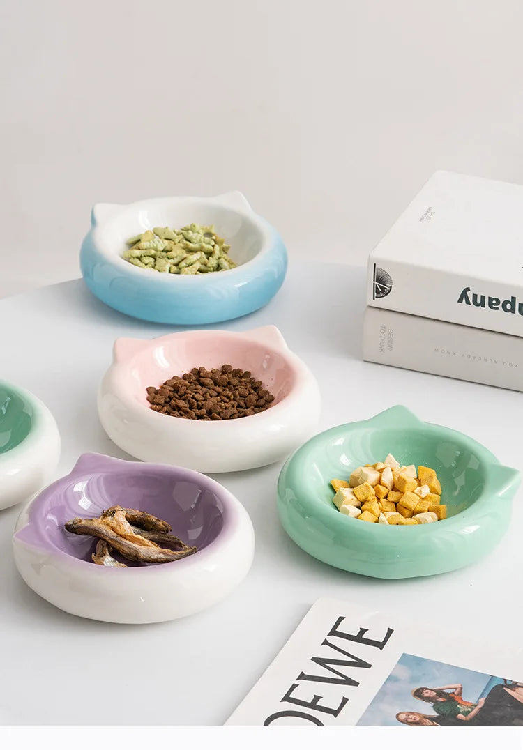 Creative Ceramic Flat Bottomed Cat Ear Shape Food Bowl Dining Plate Anti Overturning Pet Supplies Drinking Bowl