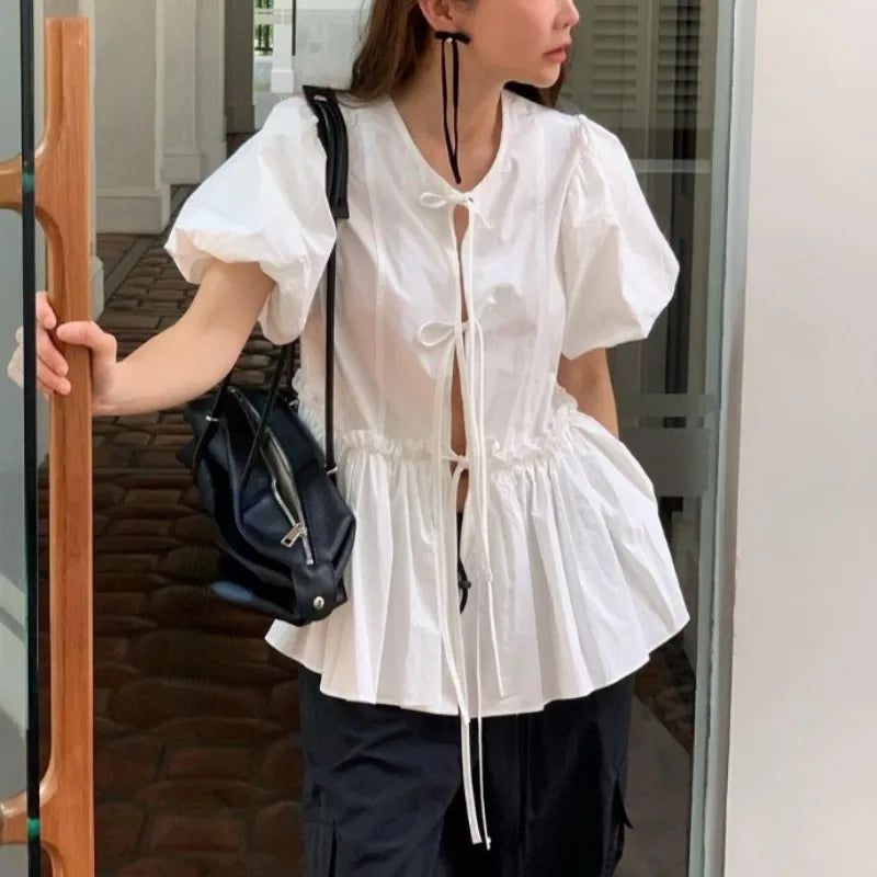 Neploe Korean Vintage O-neck Lace Up Blouses 2025 Summer New Puff Sleeve Shirts Women Y2k Slim Waist Ruched Blusas Mujer