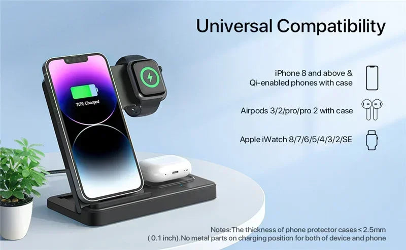 3 in 1 Wireless Charger Stand For iPhone 16 15 14 13 12 11 X iWatch 8 7 6 Airpods Pro 30W Foldable Fast Charging Dock Station