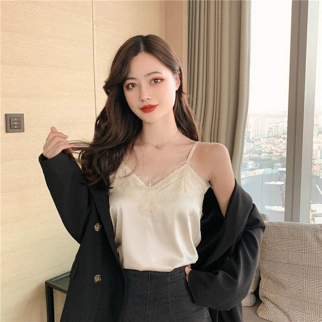 Summer with Lace Silk Top Cami for Women Spaghetti Strap Top Tank Ladies Tops White Camis Basic Tops Women 2023 Summer Fashion