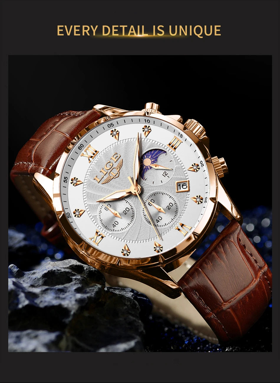 New Mens Watches LIGE Top Brand Luxury Leather Casual Quartz Watch Men's Sport Waterproof Clock Watch Relogios Masculino+Box