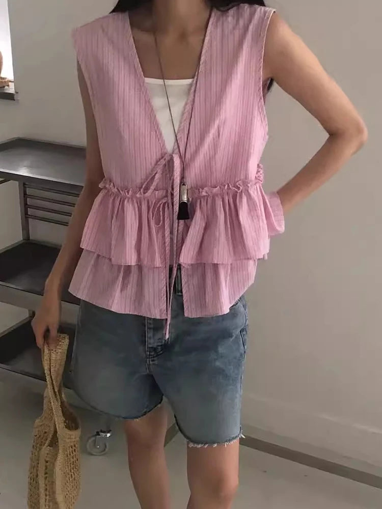 SuperAen Summer New Vintage Striped Patchwork Ruffles Top for Women Back Lace-up Sweet Casual Sleeveless Tank