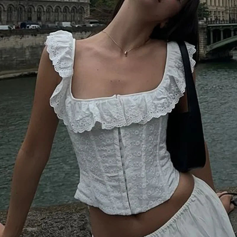 Elegant White Lace Ruffle Corset Vest Women Chic Square Neck Off Shoulder Cropped Tank Top New 2025 Lady Daily Streetwear Summer