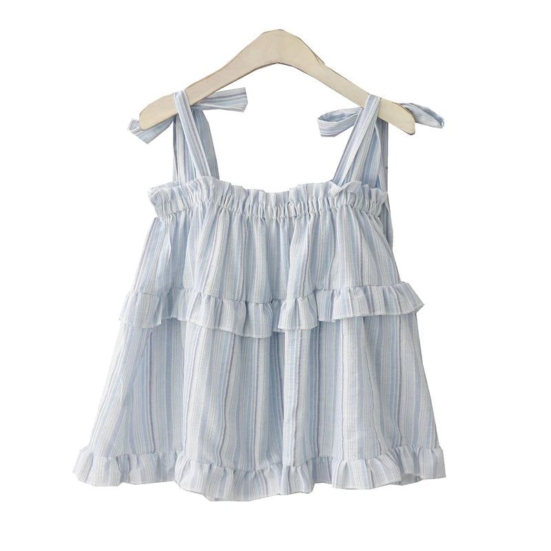 Sweet Hot Girl French Style Striped Lace-up Bow Loose Suspender Vest Women's New Summer Sleeveless Casual All-match Sling Tops