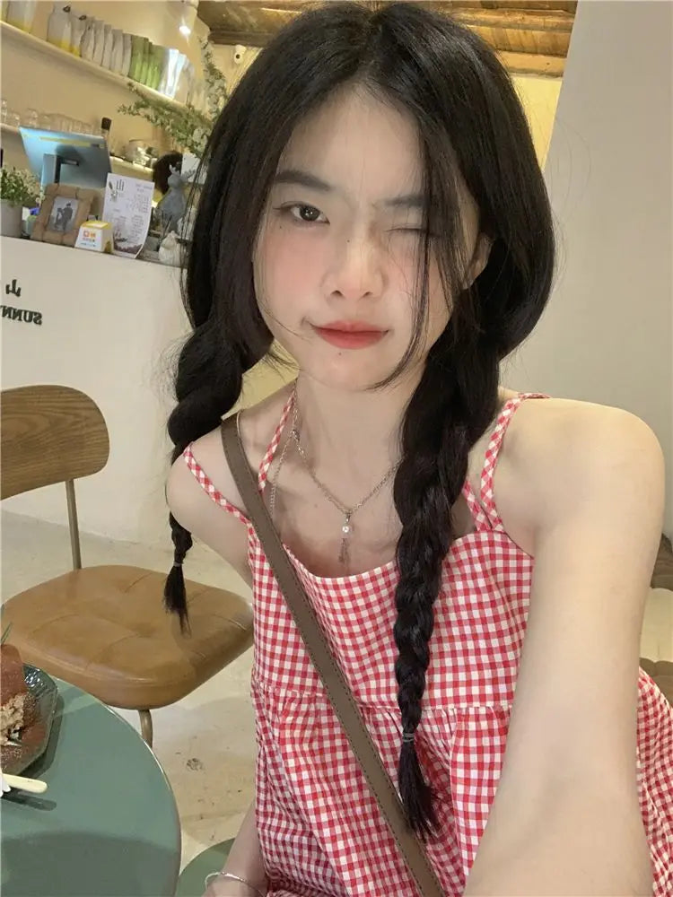 Red Plaid Camisole Women Backless Hotsweet Bandage All-match Loose College Personality Chic Summer Korean Style Fashion Ulzzang