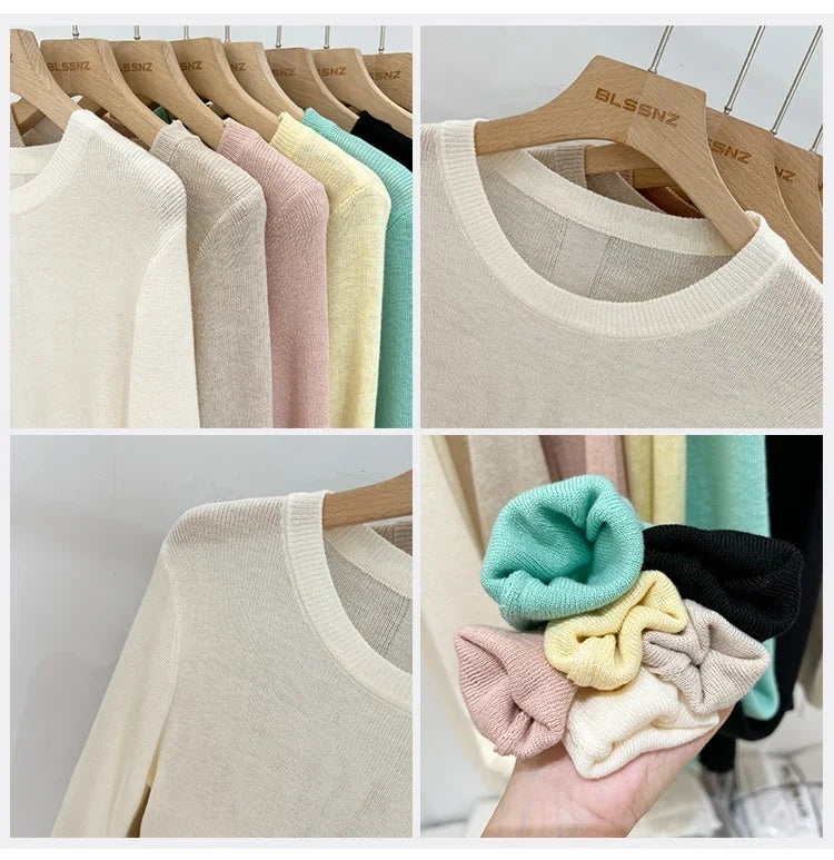 Lady Basic O-Neck Slim T-Shirt Women Solid Multi Color All-Match Trend Casual Top Screw Knit Long Sleeve Elastic Spring Office
