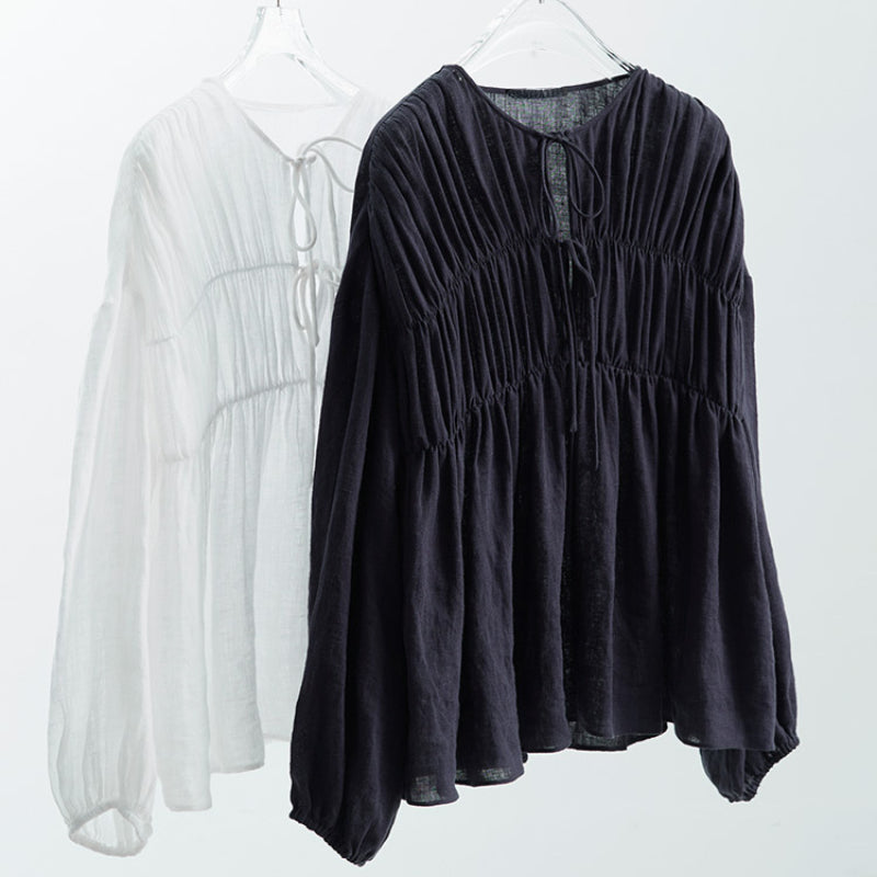 Komiyama O Neck Lace Up Shirts Blouses Vintage Elegant Pleated Blusas Mujer Spring Clothes Women Japan Fashion Shirt Tops